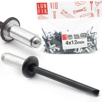 Nýt trhací 4x12mm hliník/ocel se zapuštěnou hlavou 100ks černý RAL9005