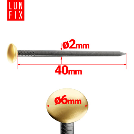 Ozdobné hřebíky na obrázky 2×40 mm zlatá široká hlavička 30 ks