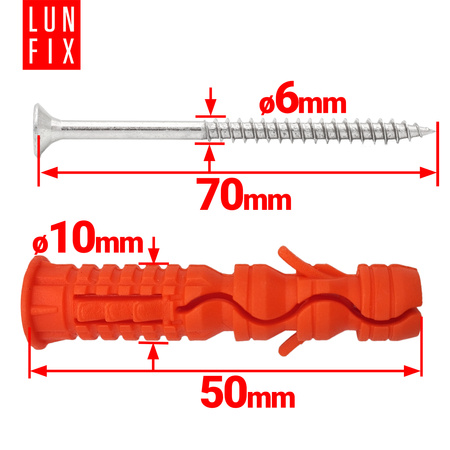 Hmoždinky rozpěrné 10x50 mm se šroubem se zapustnou hlavou 6x70 mm 100ks.