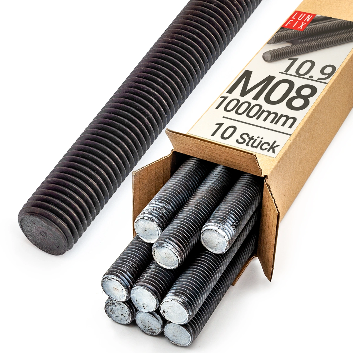 Černá závitová tyč M08 1000 mm třída 10.9 – 10 kusů závitových tyčí v kartonovém balení Lun Fix