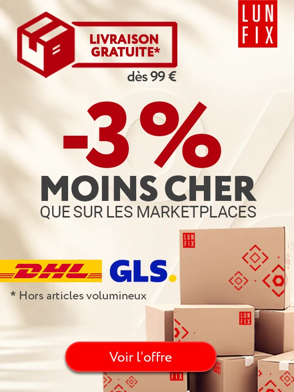 Promotion LUN FIX : -3% de réduction par rapport aux marketplaces et livraison offerte dès 99 euros via DHL ou GLS. Lun Fix
