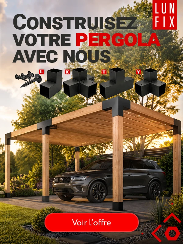 Bannière LUN FIX : Construisez votre pergola avec nous. Présentation de connecteurs métalliques (X, T, L, Y) pour bois, vis de fixation et une pergola finie de type carport. Lun Fix